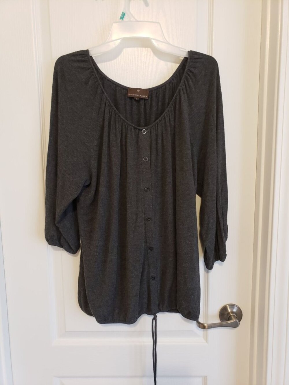 Fenn Wright Manson grey long sleeve draw string hem faux button front top size L